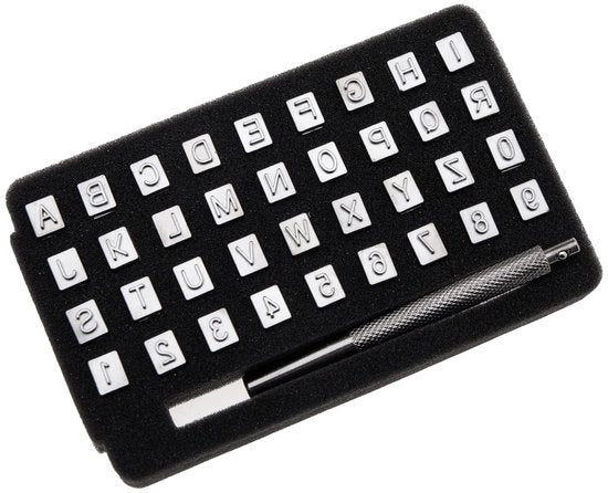 Set di stampi 37 pezzi - 26 x Lettere (A-Z) - 10 x Numeri (0-9) - Acciaio di carbonio - Altezza 6mm - Per artigianato in pelle