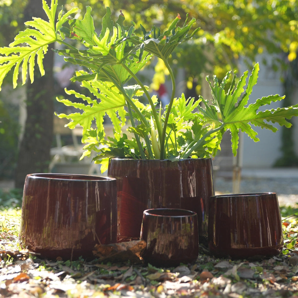 Set di 4 vasi in ceramica smaltata rosso lucido, Ø33/26/20/15 cm, con foro di drenaggio