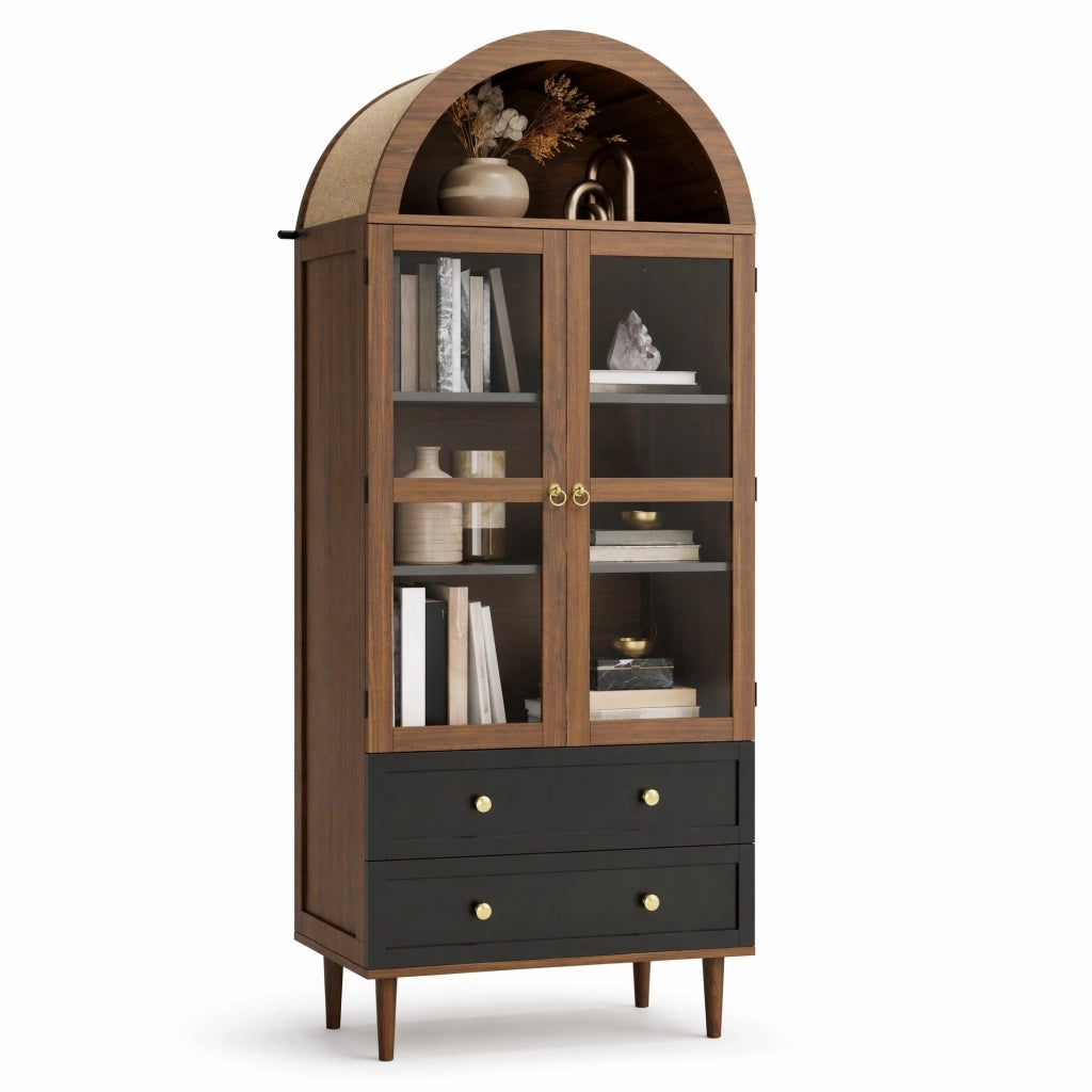 Sideboard contenitore con ripiani regolabili 70x38x165 cm in MDF e vetro; finitura noce