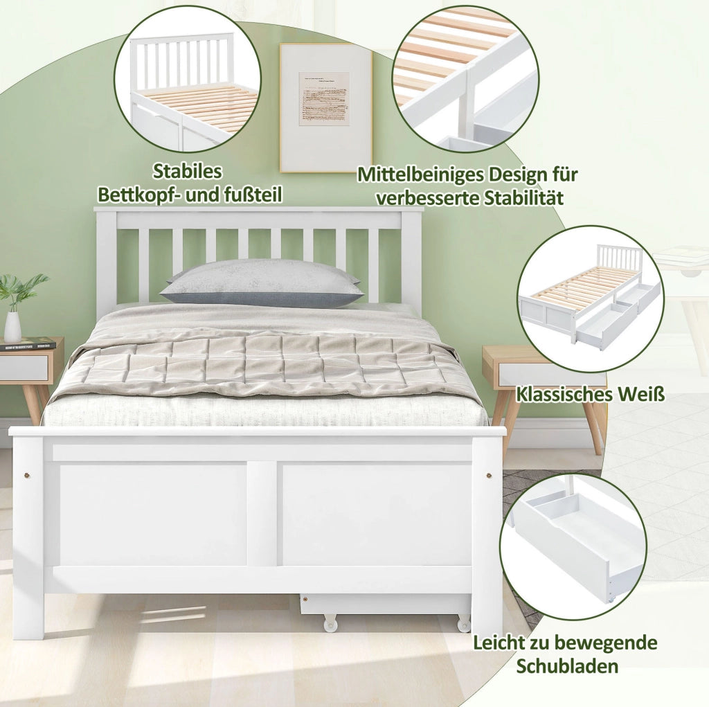 Letto singolo 90x200 cm con 2 cassetti contenitore; struttura in legno massello; bianco
