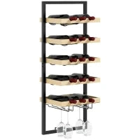 Portabottiglie da Parete in Legno e Acciaio per 15 Bottiglie di Vino e 4 Calici, 35x25x86cm