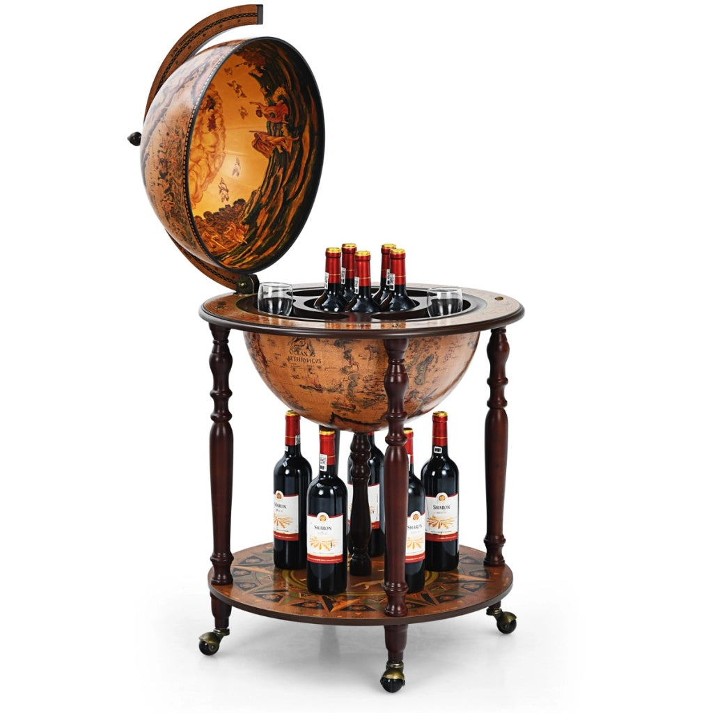 Stand portavino 45 cm a forma di mappamondo, Armadietto per vini naturale XVI secolo con ruote Marrone retr¨°-Mobili porta liquori