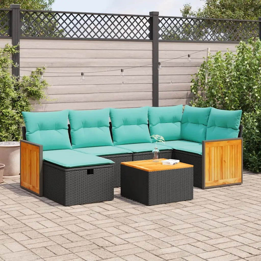 Set Divani da Giardino con Cuscini 7pz Nero Polyrattan