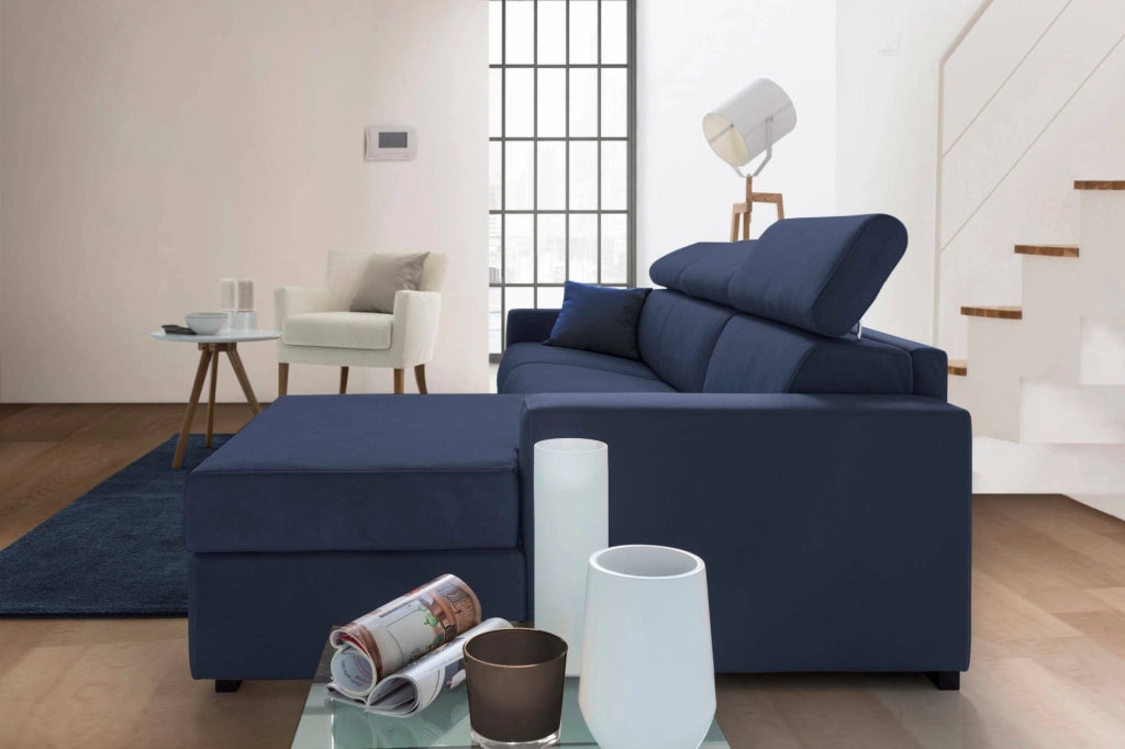 Alibella, Divano Letto con Penisola Sfoderabile Made in Italy, 260x95 cm blu
