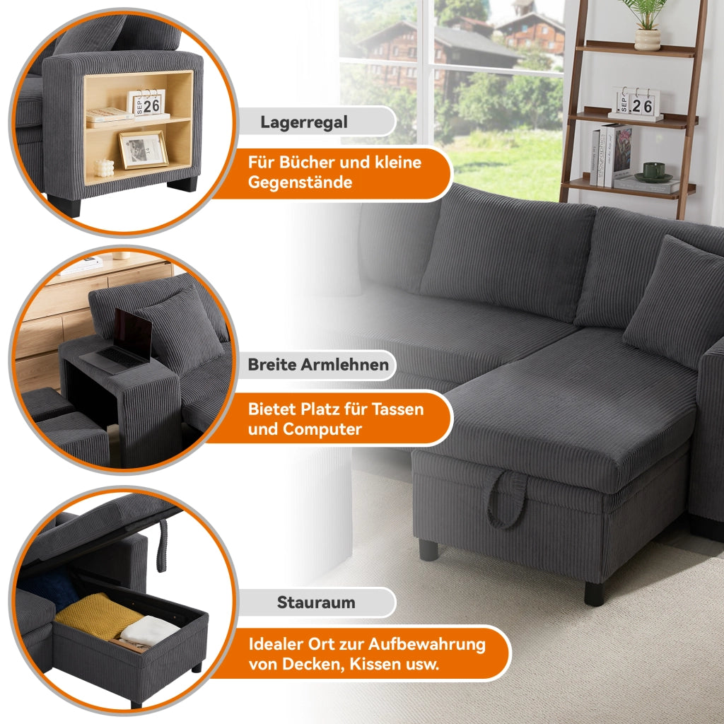 Divano letto angolare convertibile con USB e contenitore in velluto a coste grigio