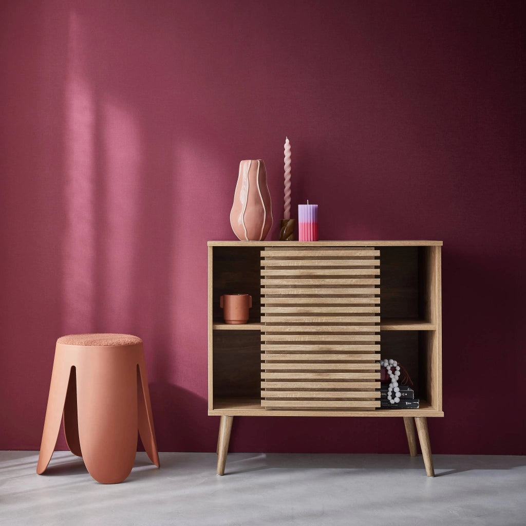 Credenza scandinava effetto legno e anta scorrevole scanalata, 80cm,