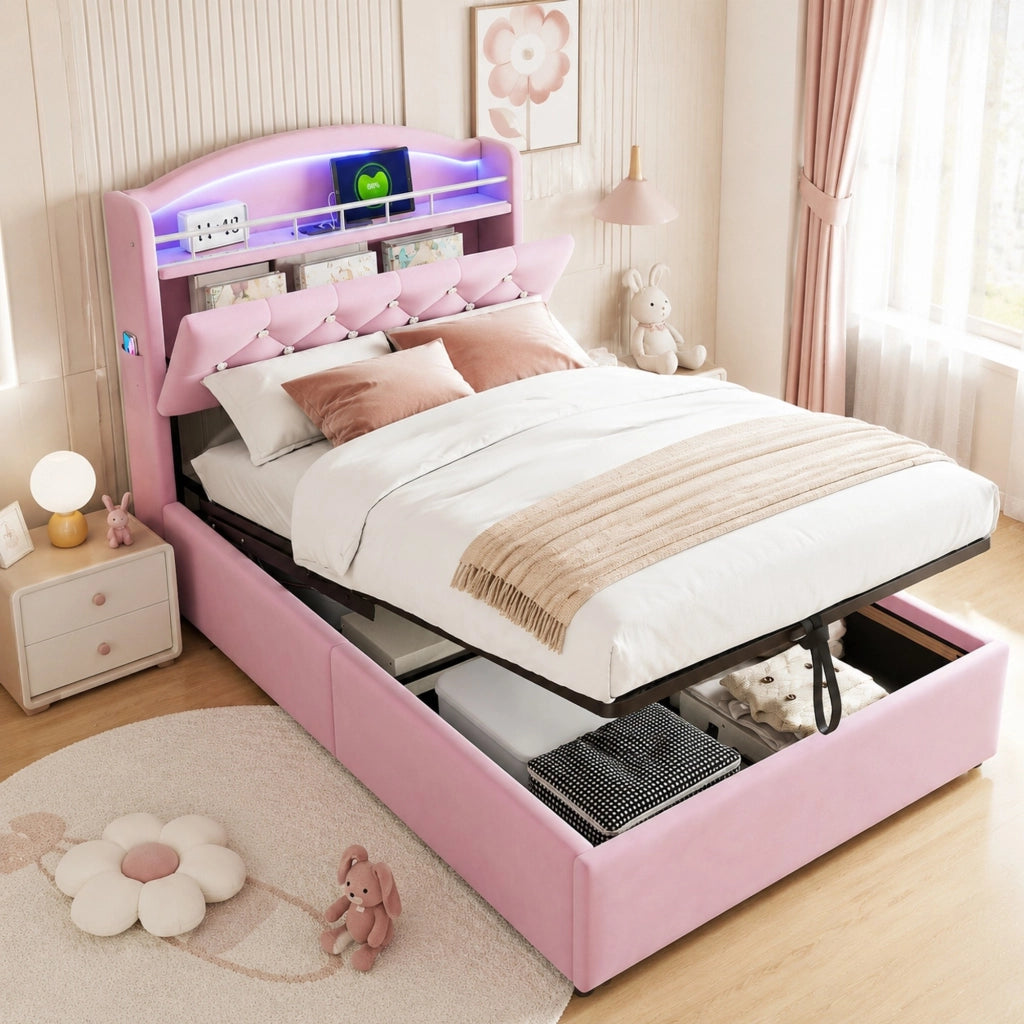 Letto imbottito per bambini con contenitore; LED; 3 USB e Type-C; per materasso 90x200 cm; rosa
