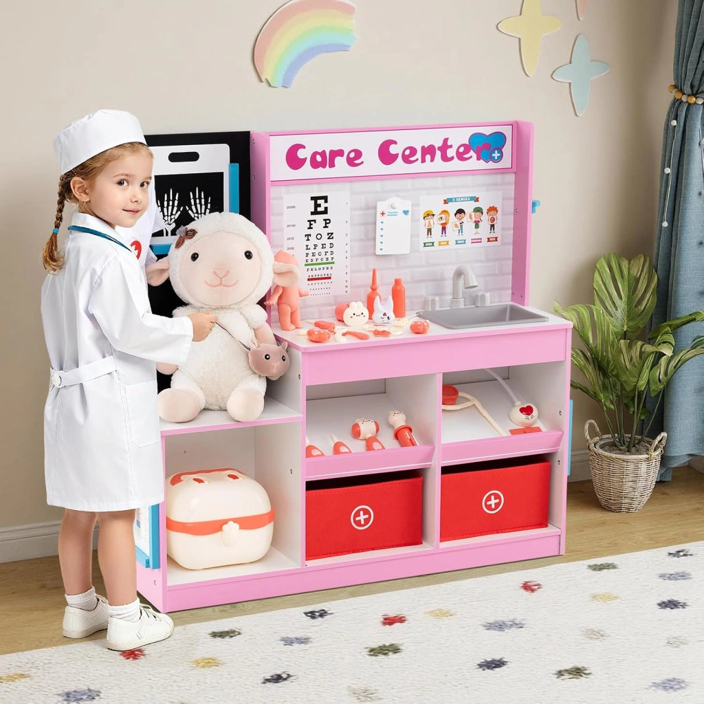 Set Gioco Dottore per Bambini, Gioco di Ruolo Medico in Legno con Stetoscopio, Radiografie, Monitor ECG, Tabella Oculistica e 29 Accessori, Medico Giocattolo per Bambini 3+ Anni (Rosa)
