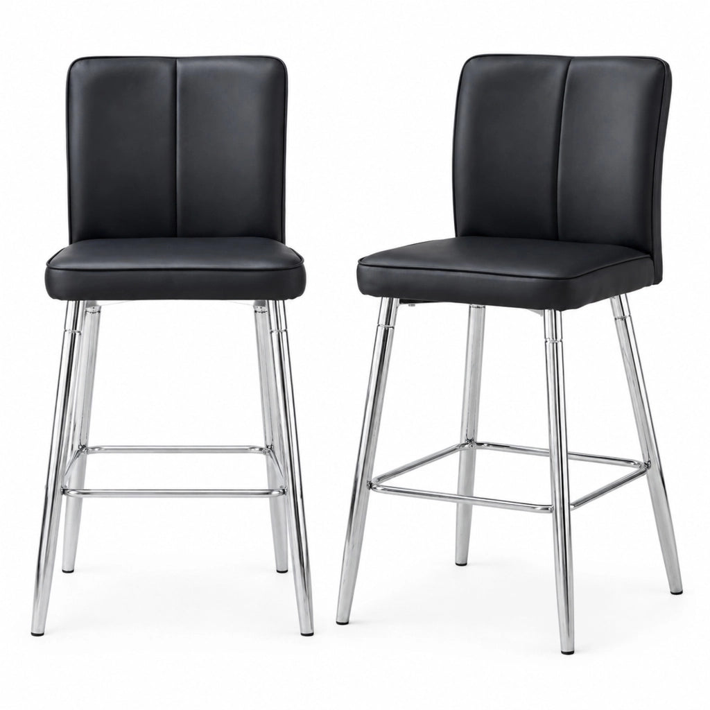 Sgabello da bar con schienale ergonomico in pelle PU nera e metallo argento