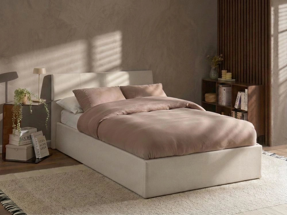 Letto matrimoniale Imbottito in Tessuto beige chiaro con testiera e contenitore 120 x 200 cm stile elegante