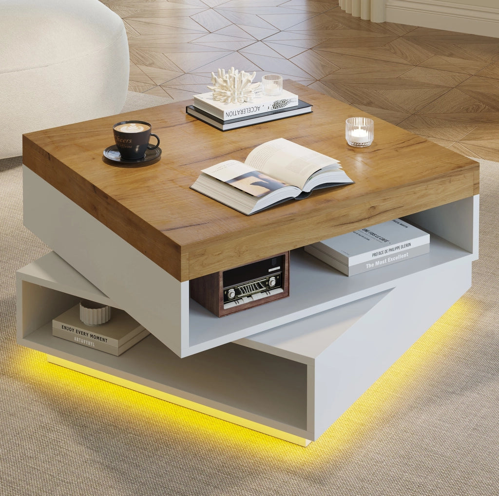 Tavolino da caffè 65x65x40 cm con piano girevole a 360° e LED; MDF; bianco e naturale