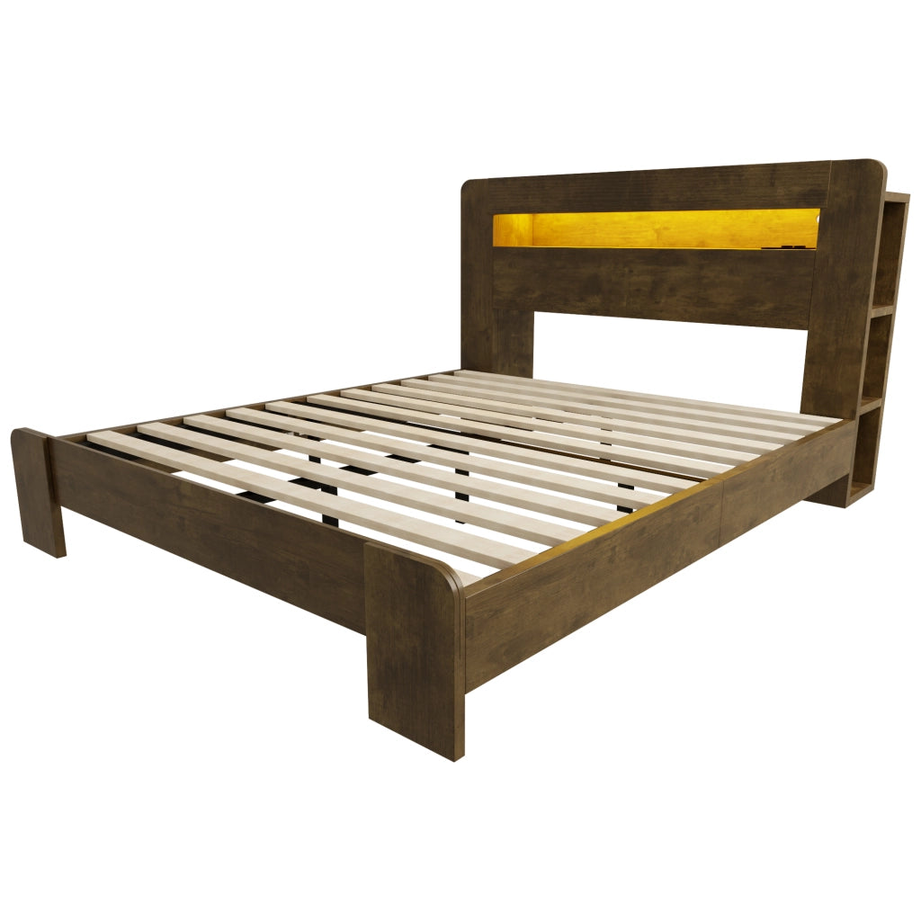 Letto matrimoniale 140×200 cm e 180×200 cm con testiera portaoggetti; LED e prese; senza materasso; legno