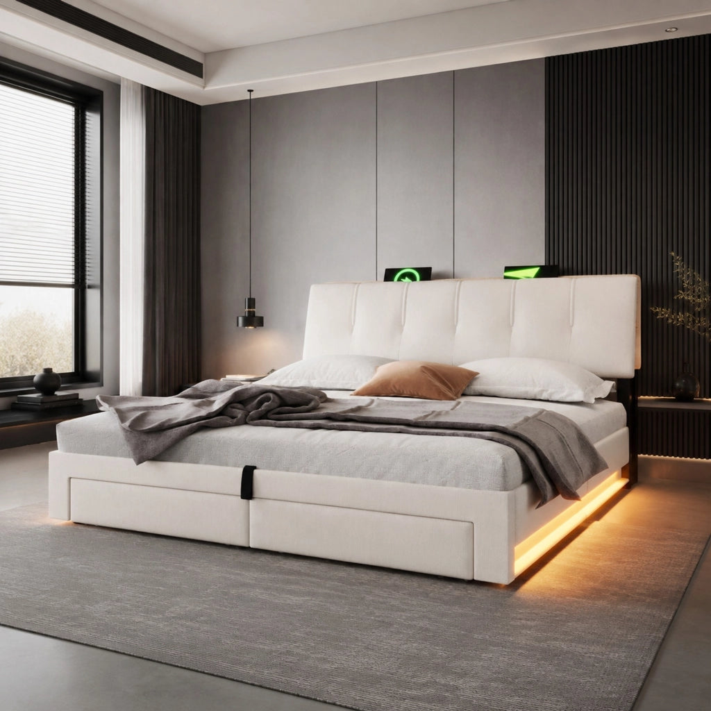 Letto imbottito 180x200 cm con vano contenitore idraulico; USB/Type-C; LED; lino beige