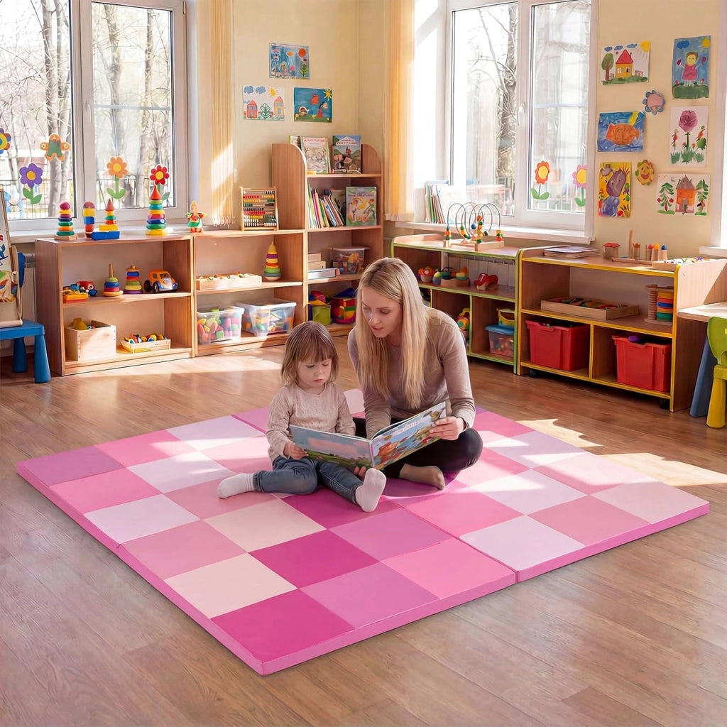 Tappeto Gioco Pieghevole, 144 x 144 cm, Tappetino da Ginnastica con Pelle Impermeabile, Tappeto da Pavimento per Cameretta (Rosa)
