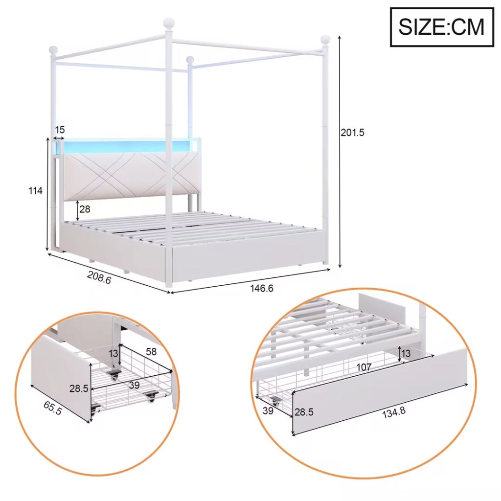 Letto matrimoniale 140×190 cm con contenitore; 3 cassetti; LED; USB e Type-C; senza materasso; bianco