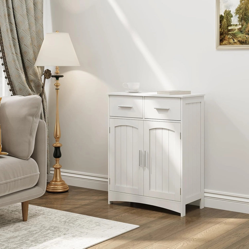 Armadietto da Bagno, Mobile per Bagno Salvaspazio, Mobiletto da Terra con 2 Cassetti e Armadietto a 2 Ante con Ripiano Regolabile, Armadio in Legno, Bianco, 60x30x76 cm