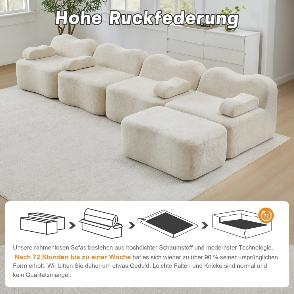 Divano angolare modulare da 2 a 4 posti in velluto beige con pouf collegabile e schiuma 32D senza struttura interna