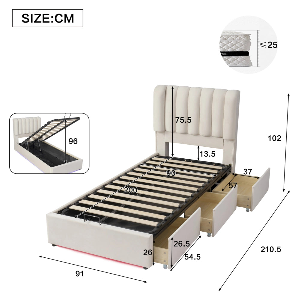 Letto contenitore 90x200 cm con cassetti e LED in velluto beige