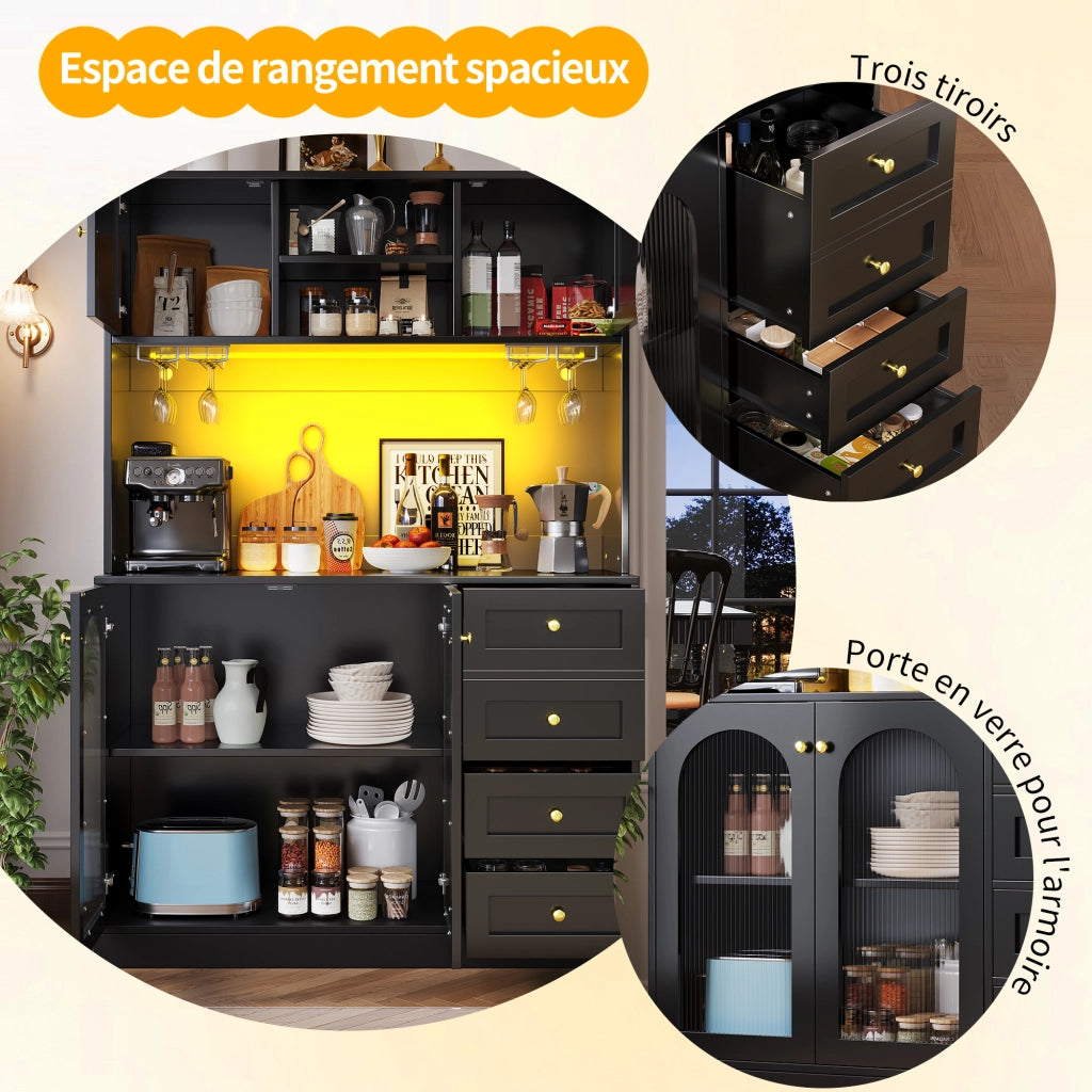 Credenza da Cucina con Ante; Cassetti e LED regolabile tramite App; in MDF; 120 x 40 x 188 cm; Nero