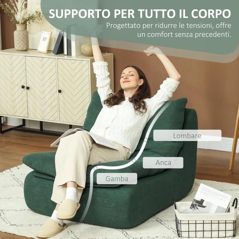 SEDIA DA TERRA MODERNA E IMBOTTITA IN TESSUTO EFFETTO VELLUTO VERDE E SCHIUMA, 82X103X75 CM