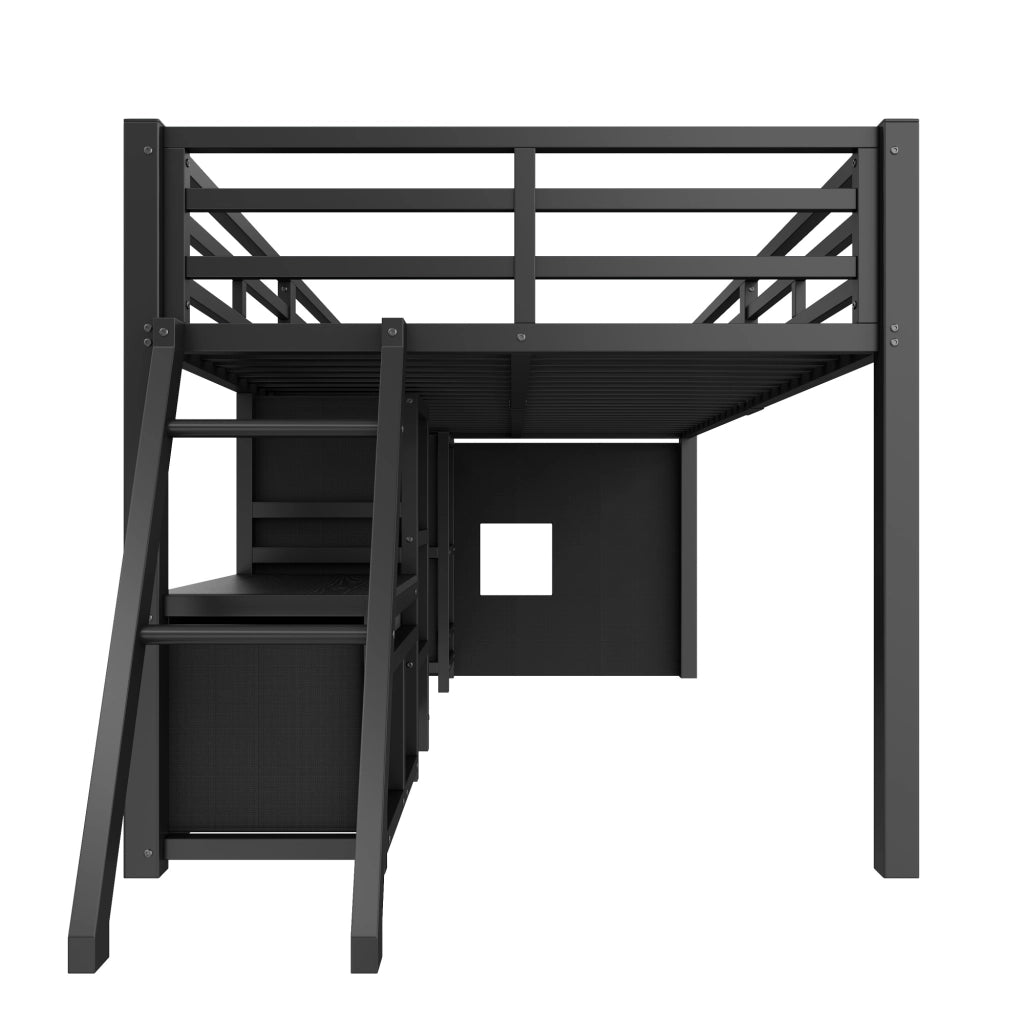 Letto a mezza altezza 90x200 cm salvaspazio con 7 cassetti in tessuto; mensole; area gioco e LED 7 colori; nero