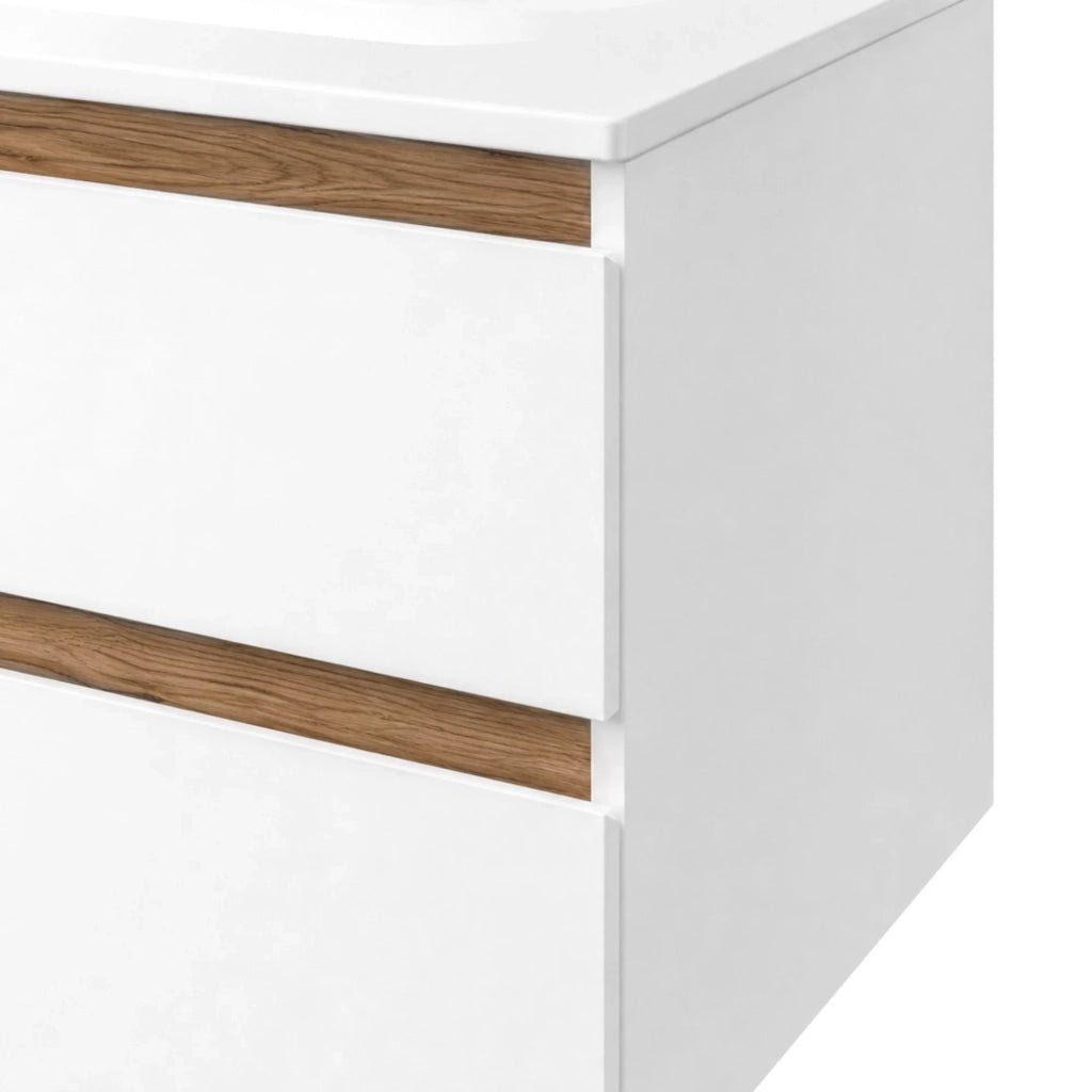 Mobile bagno sospeso 120 cm bianco e quercia due cassetti e doppia vasca Sumya