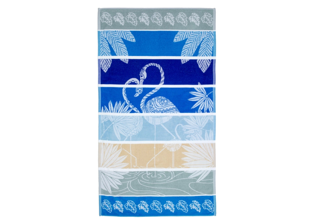 Telo Mare Jacquard Spugna Asciugamano Spiaggia Disegno Flamingo Family - Telo Mare - Blu