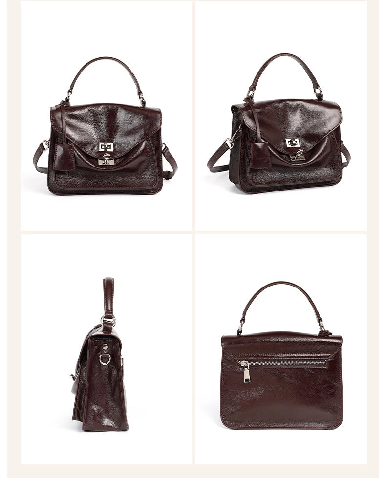 Borsa a tracolla da donna in vera pelle, modello tote/hobo, colore marrone.