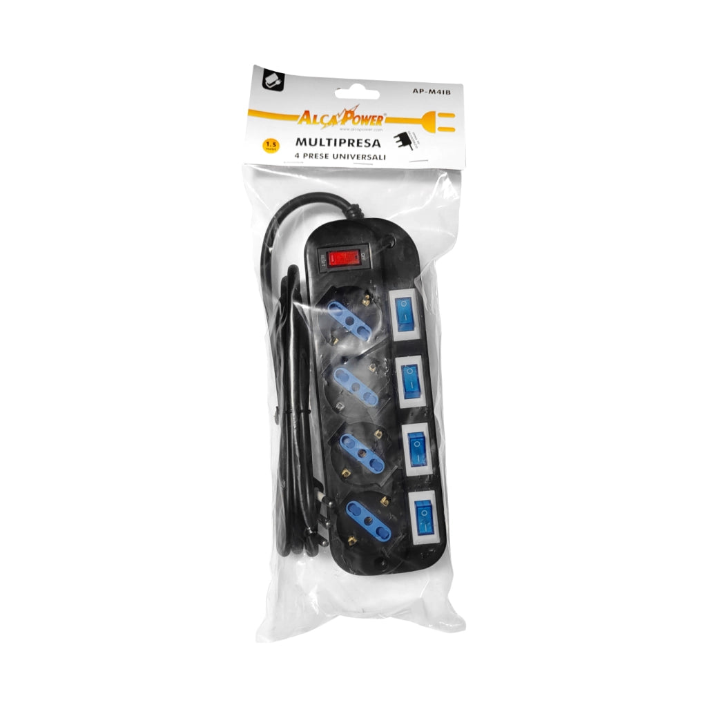 Alcapower Multipresa 4 Posti Schuko Bipasso con Interruttori Indipendenti, Cavo 1.5m, Protezione Sovraccarico, Spina 16A 3 Poli Italiana, Colore Nero