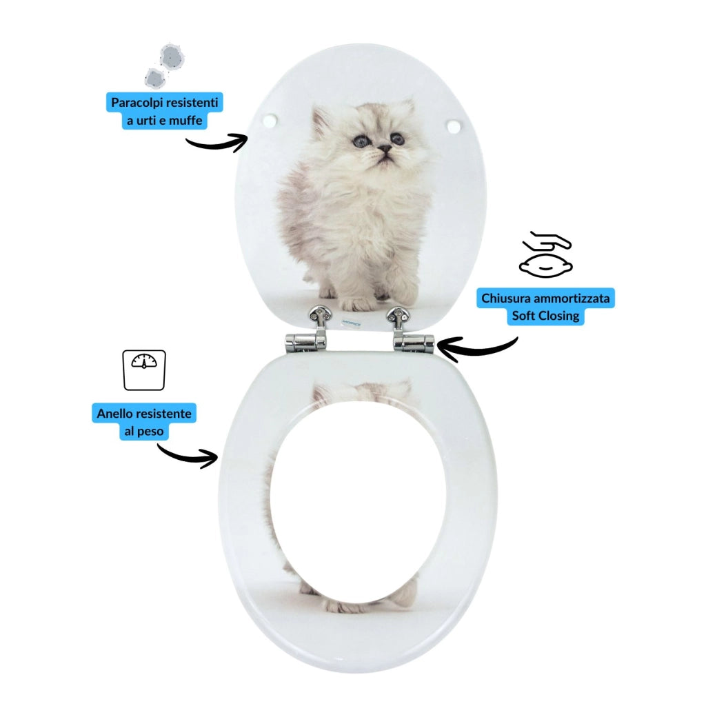 Sedile wc copri vater universale frizionato fantasia in mdf chiusura rallentata *** fantasia white cat, confezione 1