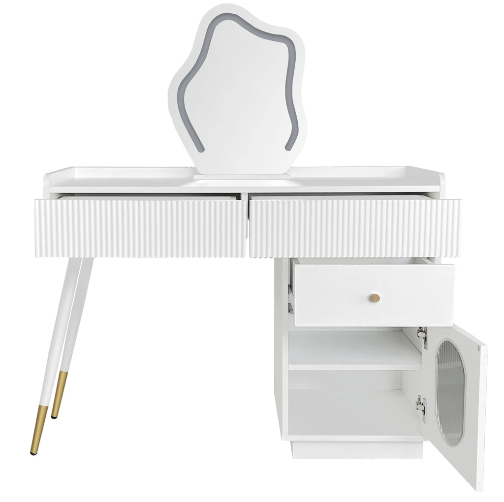 Toeletta ULEVR 100x40x75 cm con specchio LED touch a 3 livelli, 2 cassetti e mobile laterale, bianca