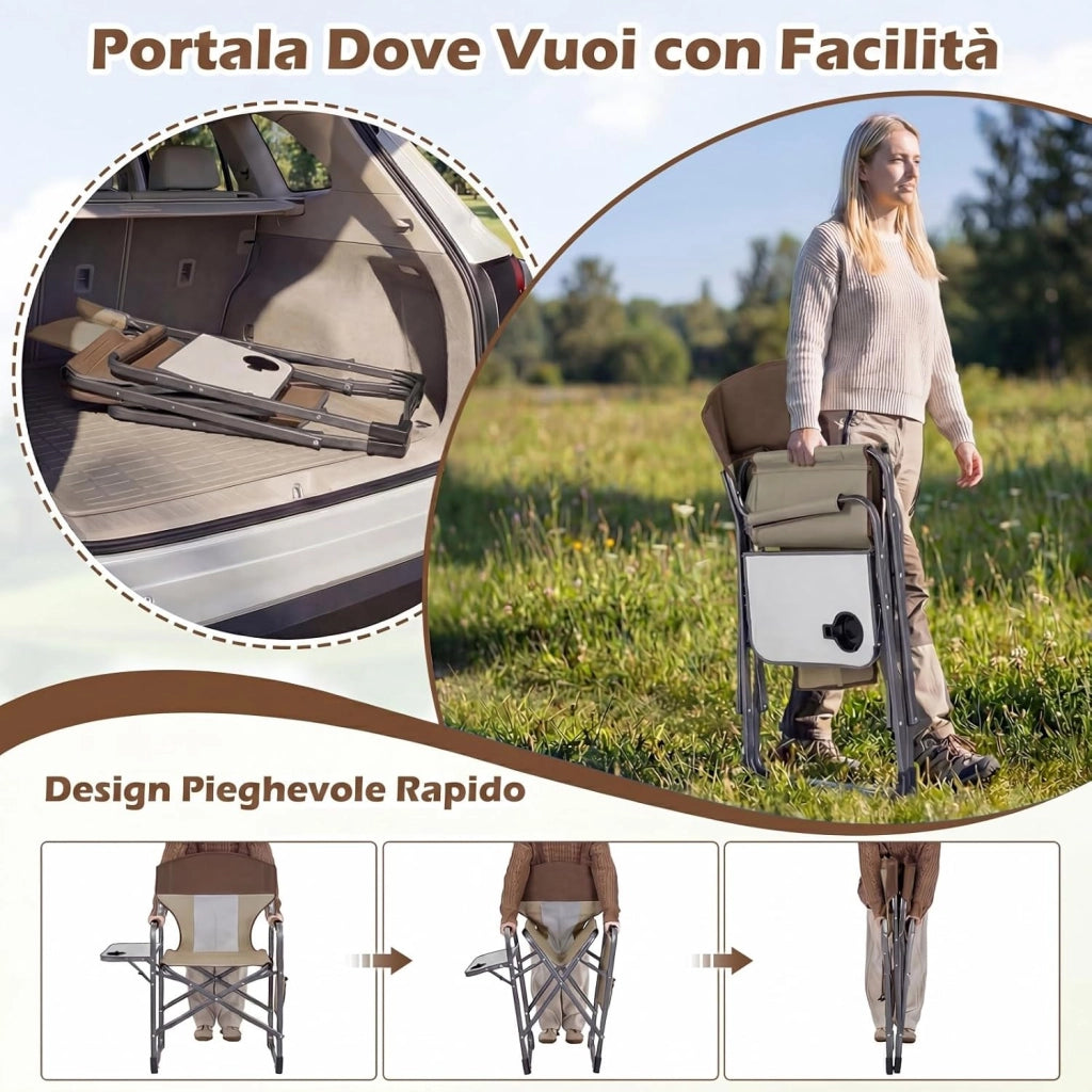 Sedia da Campeggio Pieghevole, Sedia da Regista con Tavolino Laterale, Portabicchieri e Tasca Portaoggetti, Portata 180 kg, Poltrona da Esterno per Spiaggia, Pesca e Picnic (Marrone)