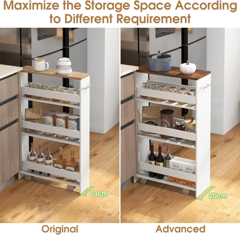 Carrello per Nicchia con Ruote, 4 Livelli，Carrello di Servizio Stretto Salvaspazio, da Bagno, Scaffale da Cucina Sottile 47,5 x 13 x 80,5 cm (Industriale+Bianco, Largo 20 cm)