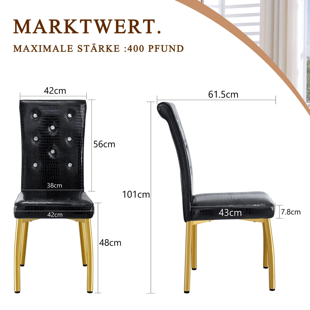 Set di 2 sedie da pranzo con design effetto coccodrillo e dettagli in cristallo in PVC nero e oro