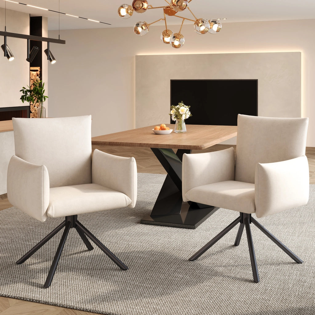 Set di 6 sedie girevoli in velluto beige con braccioli