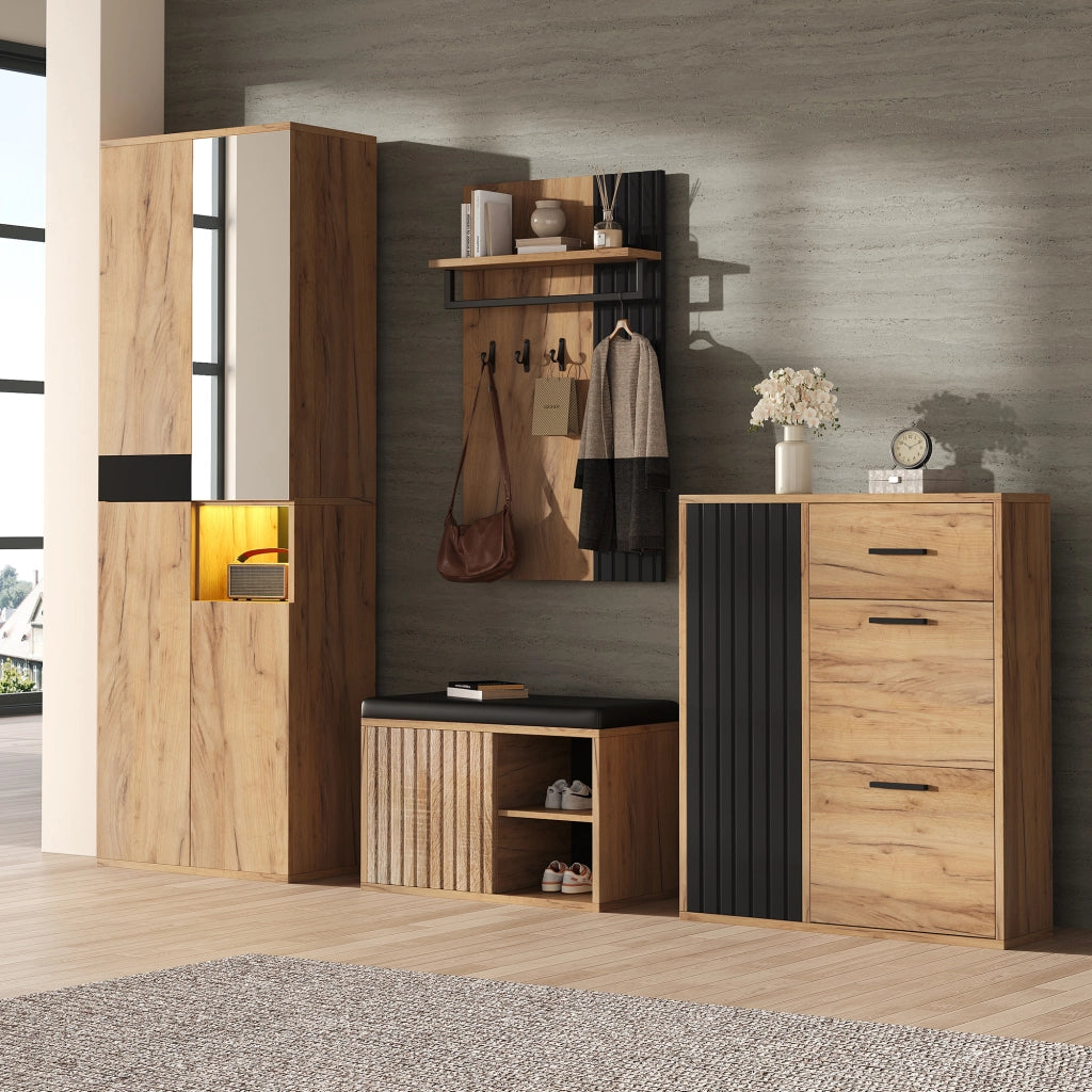 Set guardaroba da parete 4 pezzi con armadio alto, scarpiera, panca e appendiabiti, colore naturale e nero, 215 x 36 x 190 cm