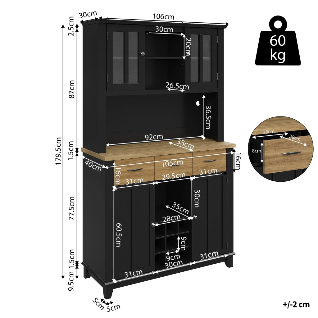 Buffet Cucina con LED ¨C Xylo ¨C Bianco, Ripiani Regolabili, Vetrina, 106x40x179.5