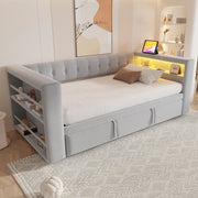 Divano letto multifunzionale 90/180x190 cm con LED; prese e vano contenitore; grigio chiaro