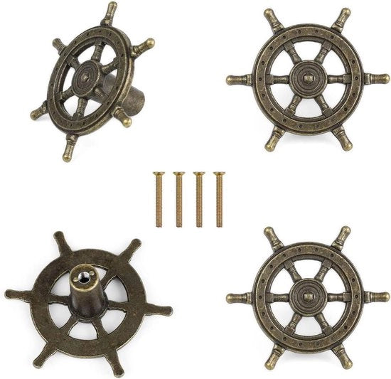 Set di 4 maniglioni in stile vintage per armadi e comodini - Inclusi chiodi lunghi - Adatto a diversi mobili - Forma a ruota di nave