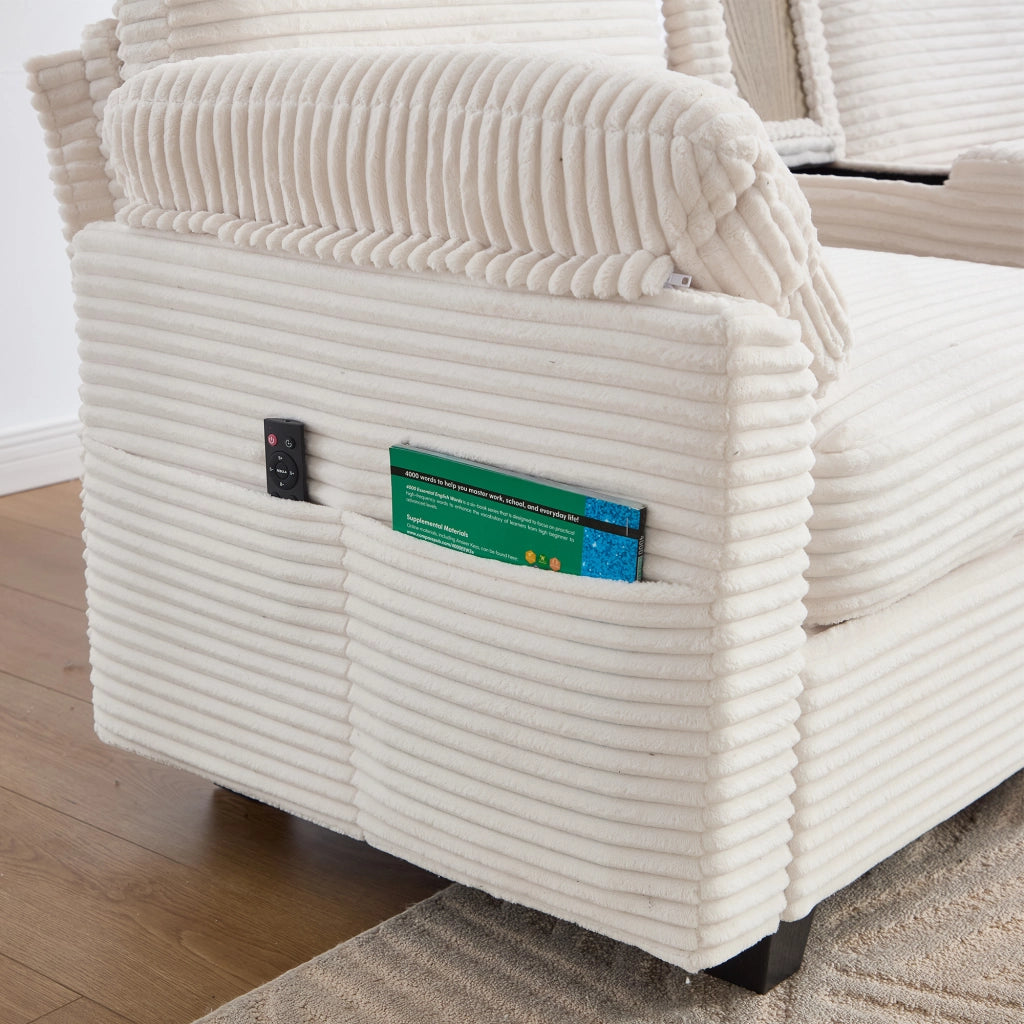 Divano Dritto con Console Scorrevole, USB-C, Tasche Laterali e Pouf Contenitore, in Velluto a Coste Beige