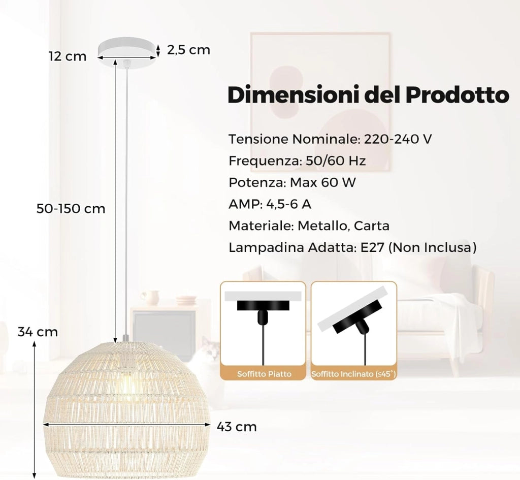 Lampada a Sospensione, Lampadario Moderno con Struttura in Metallo e Cupola in Carta, Luce con Altezza Regolabile per Cucina, Camera da Letto e Soggiorno, 43 x 43 x 34 cm (Beige)