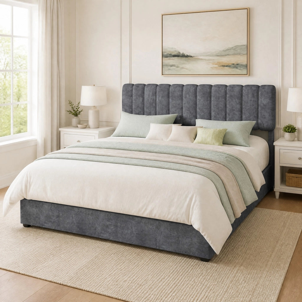 Letto matrimoniale 160 × 200 cm in tessuto, senza materasso, struttura stabile in metallo, grigio