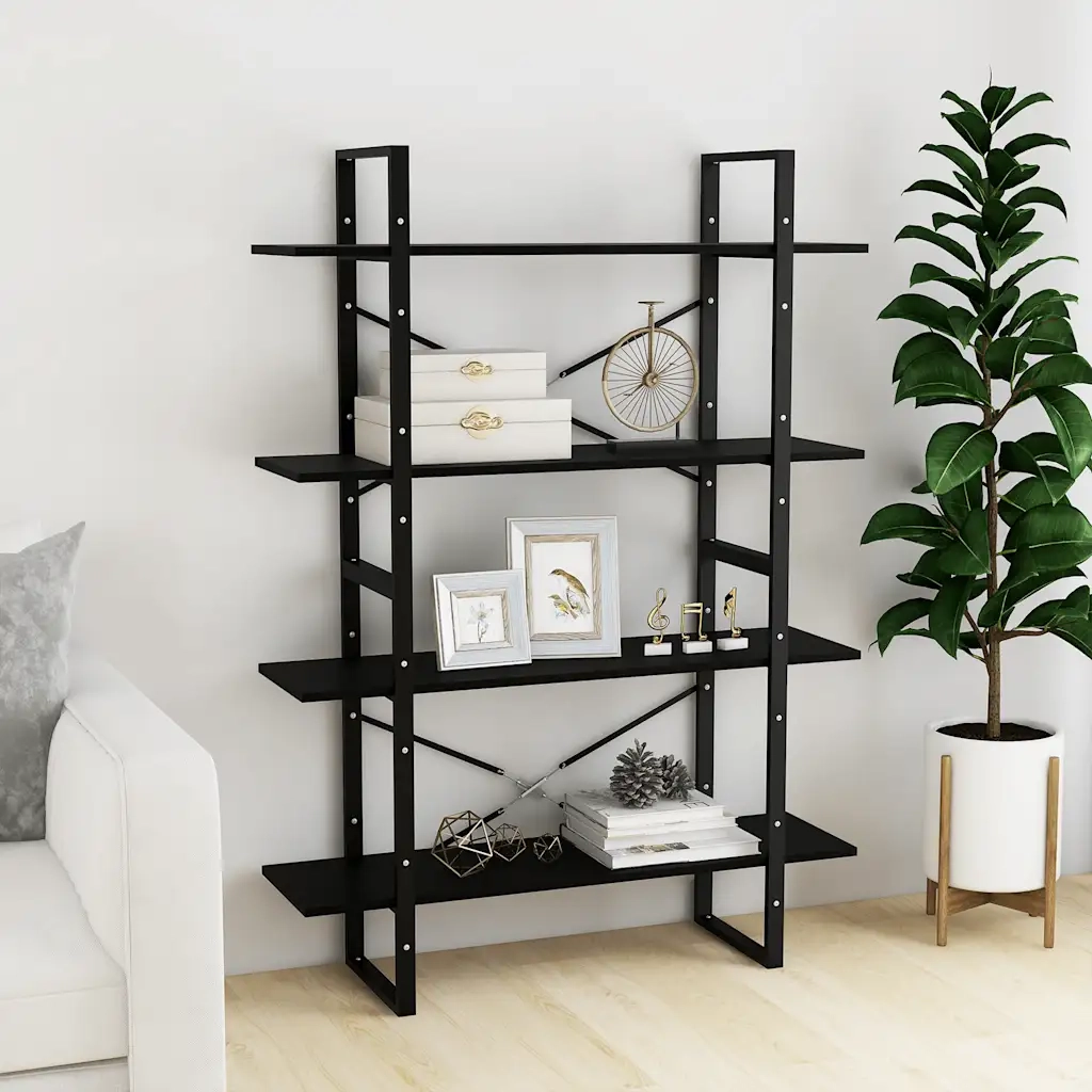 Libreria a 4 Ripiani-Scaffale per Libri-Mobile di Stoccaggio Nera 100x30x140 cm in Massello di Pino