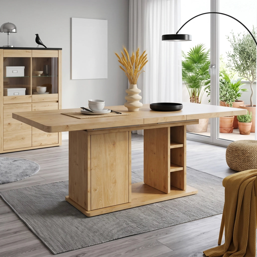 Tavolo da pranzo - estraibile 140/180x80 cm - con vano - per 6-8 persone - stile scandinavo - rovere