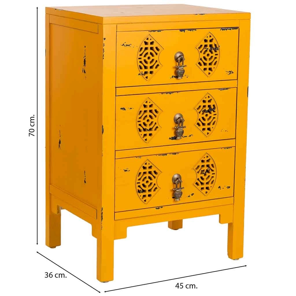 Mesita de madera con 3 cajones amarillo 45x36x70