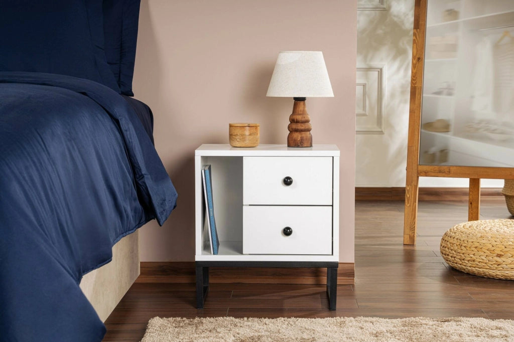 Comodino Rhiannon, Comò basso, Tavolino da notte, Mensola da letto, 45x30 h50 cm, Bianco e Nero