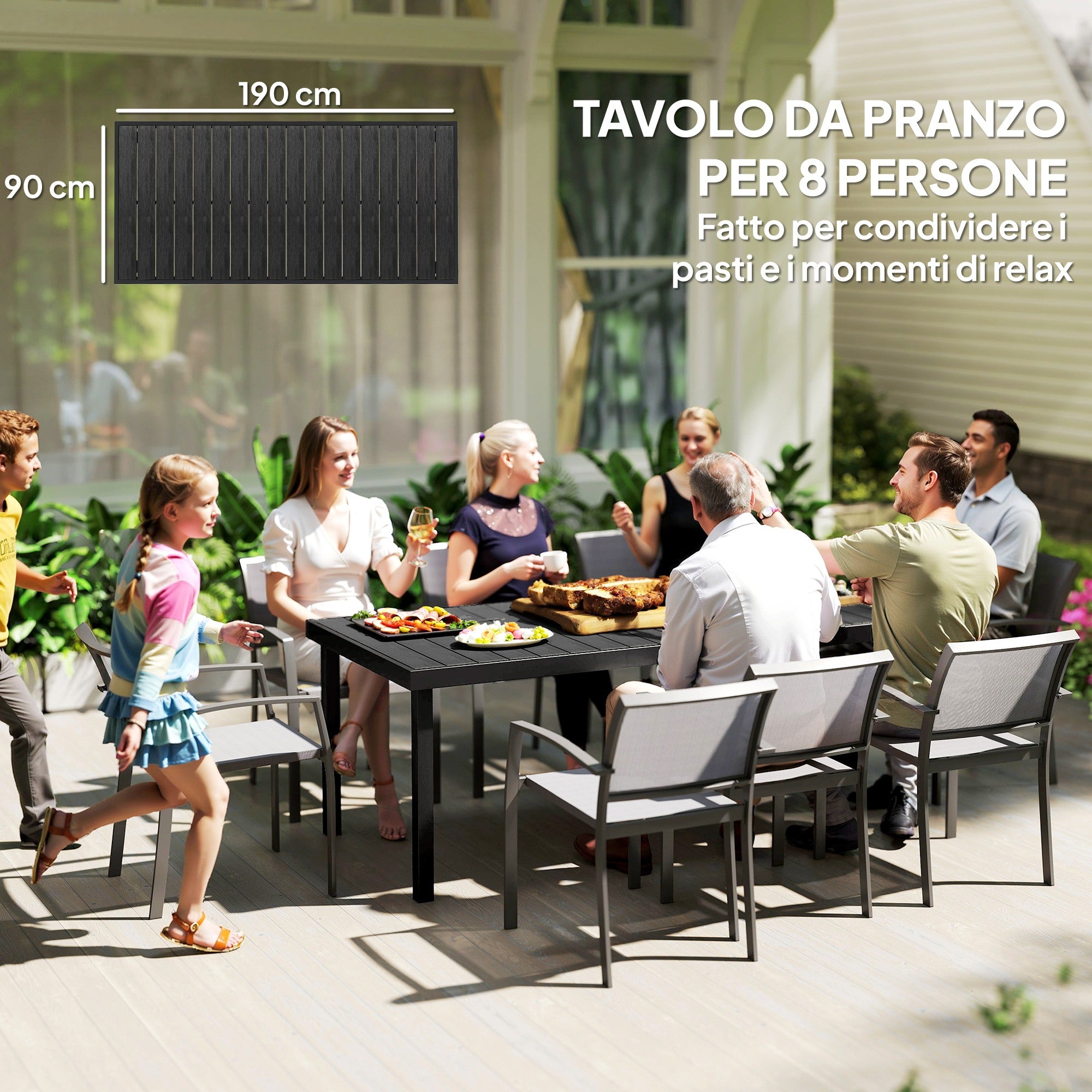 Tavolo da Pranzo da Giardino per 8 Persone in Alluminio e Plastica Nero