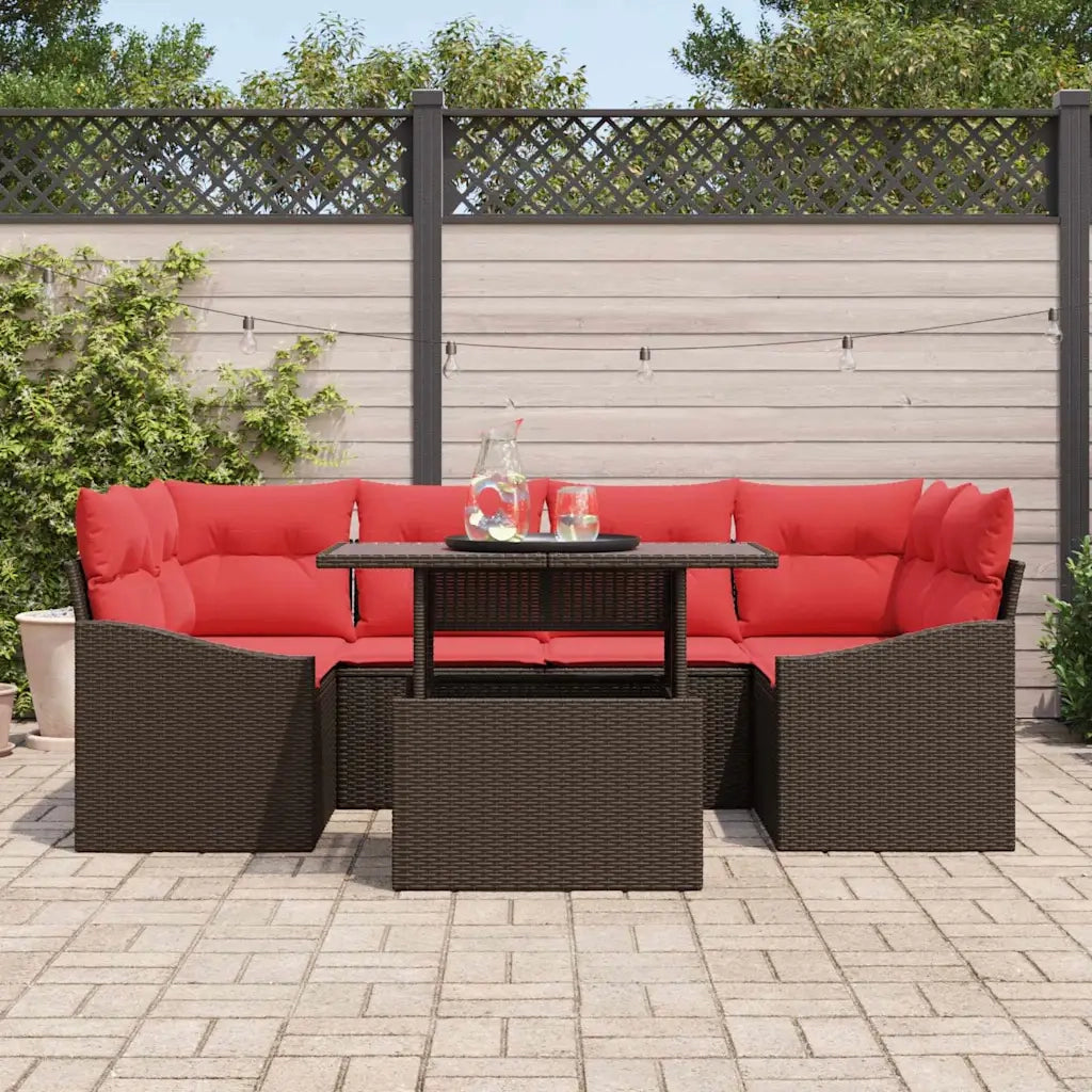 Set Divano da Giardino 7 pz Marrone e Rosso Poly Rattan 3348940