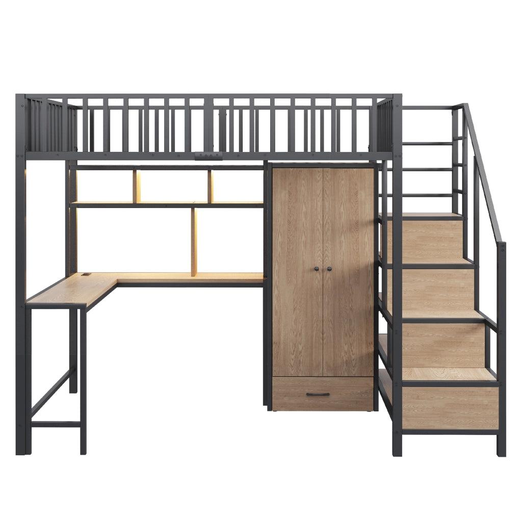Letto a soppalco 140x200 cm nero in metallo con scrivania, armadio e LED