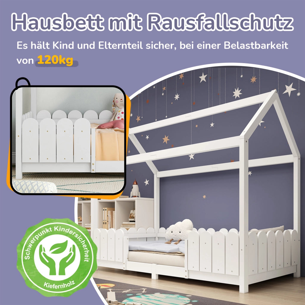 Letto a casa 90x200 cm bianco in legno massello con protezione anticasco e rete a doghe